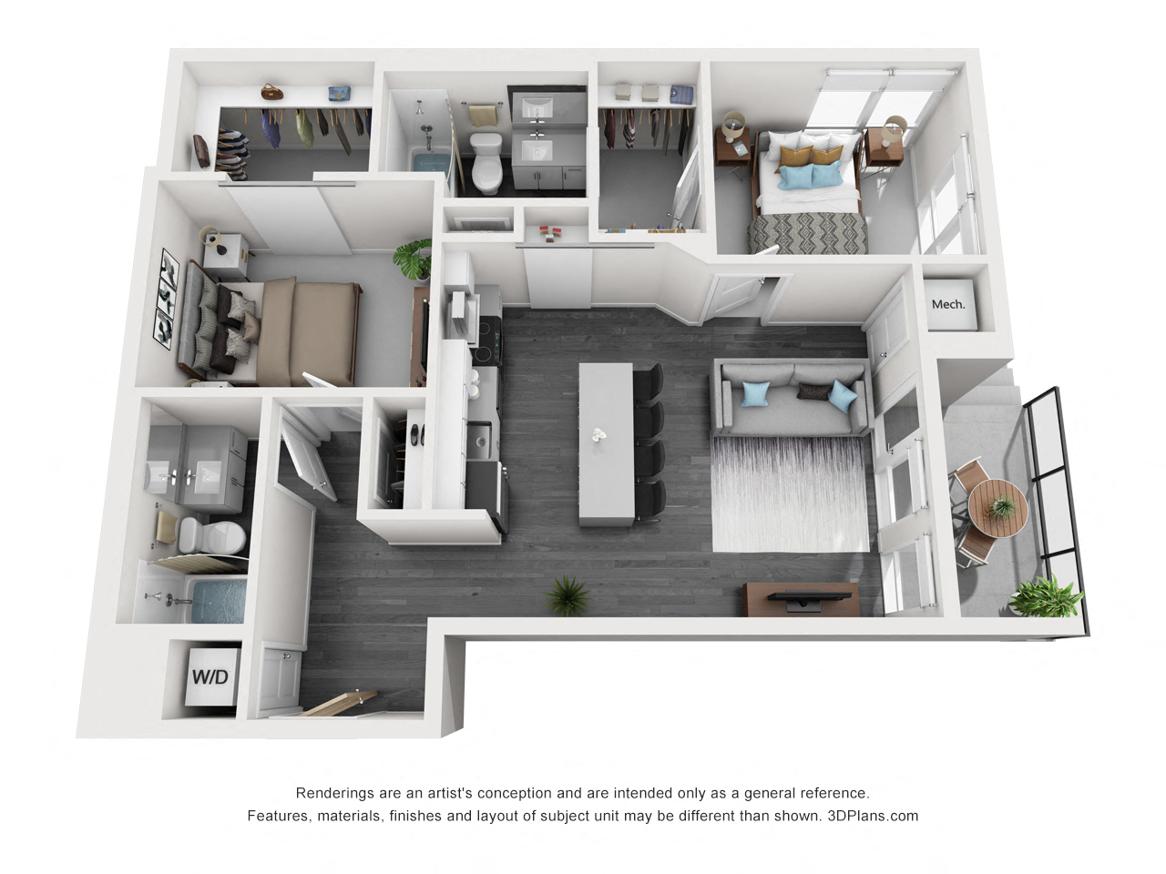 Floor plan for 2 beds, 2 baths, 954 sqft